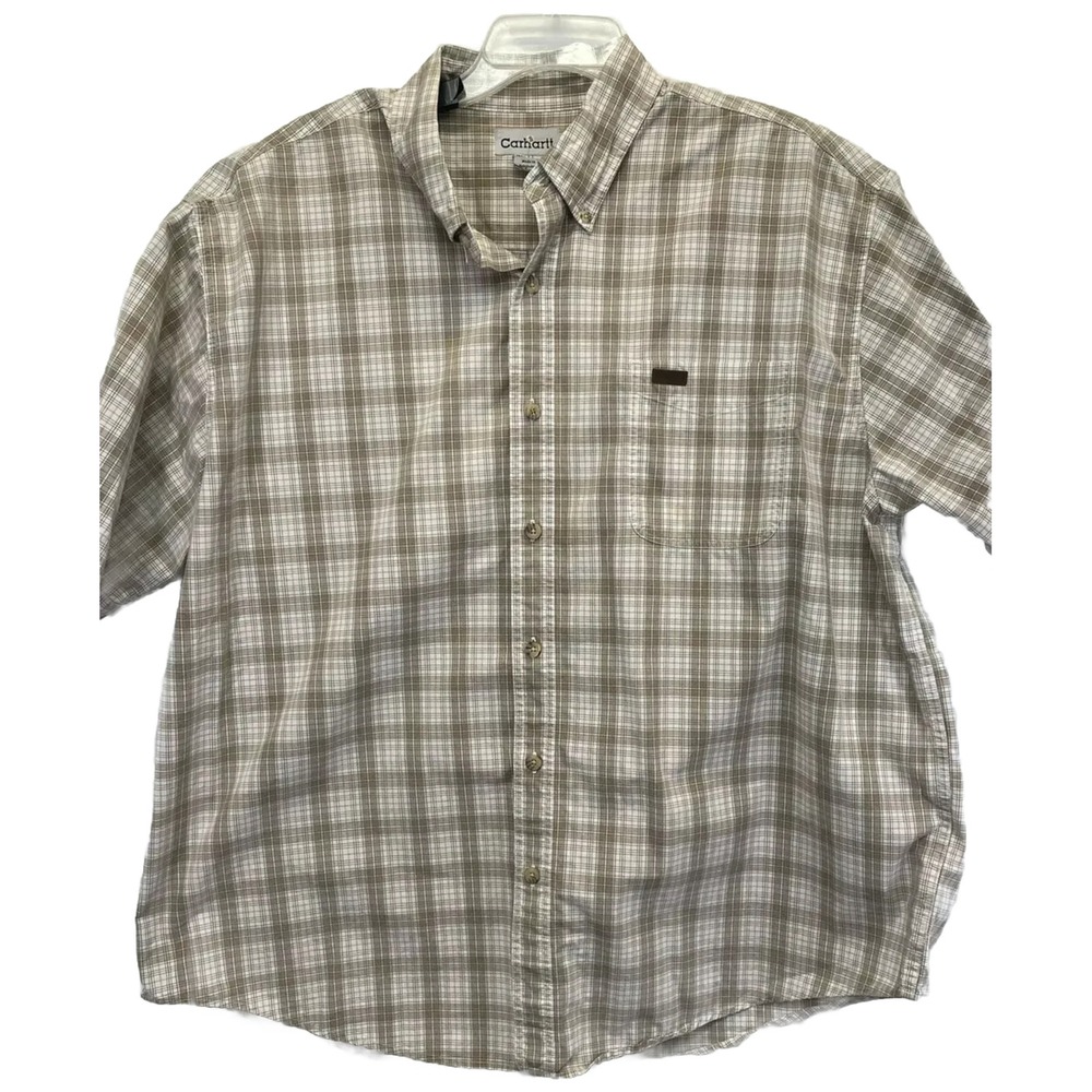 Carhartt Mens 2XL Brown Plaid Button Down S/S Fishing /Hiking Shirt (F33) EUC